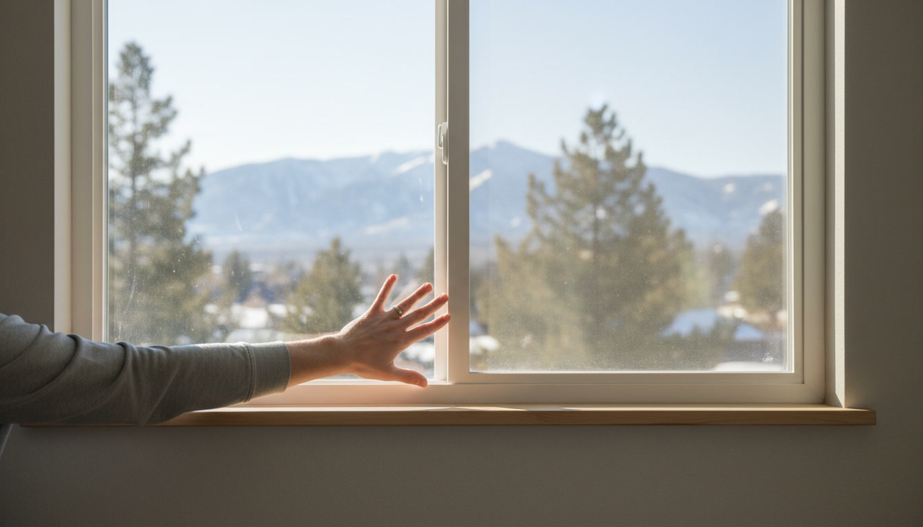Homeowner inspecting new vinyl window installation in Bountiful home