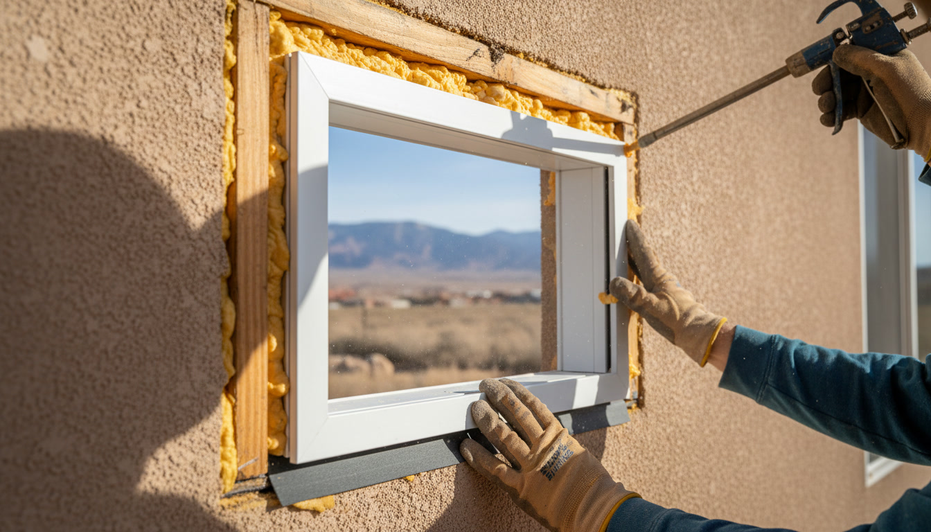 Installer securing vinyl window frame with weatherstripping in Woods Cross home